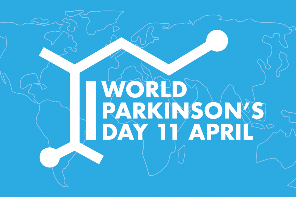 Text reads World Parkinson's Day 11 April, it is white text on a blue background