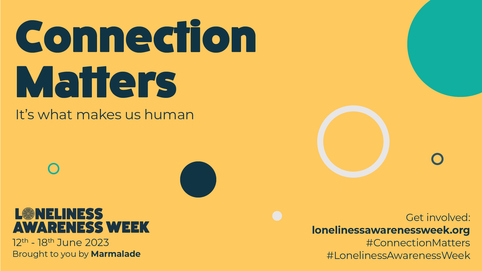 Yellow background with black text that reads: connection matters it is what makes us human. Loneliness Awareness Week